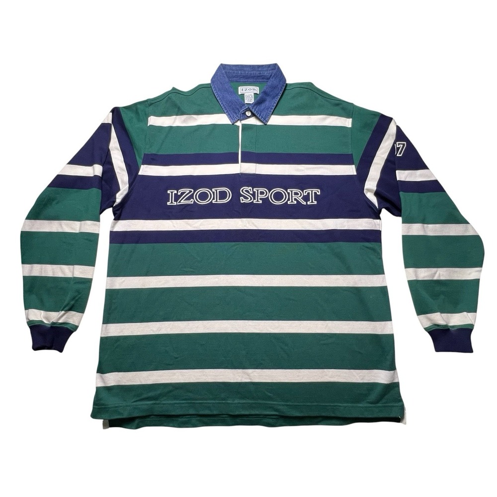 Vintage 90s IZOD Sport Rugby Shirt Mens XL Green Navy Striped Long Sleeve